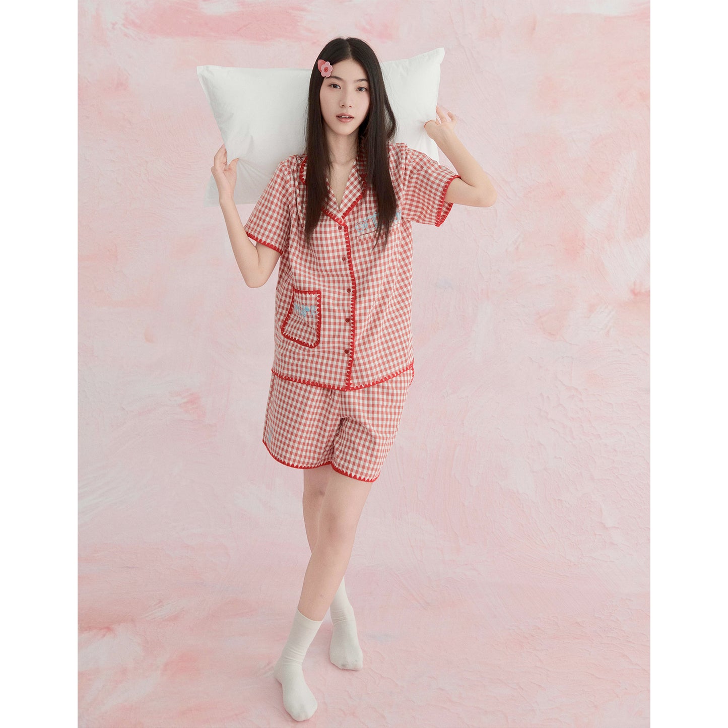 Likio x Xiaoxiao – Embroidered Plaid Cotton Pajama Set