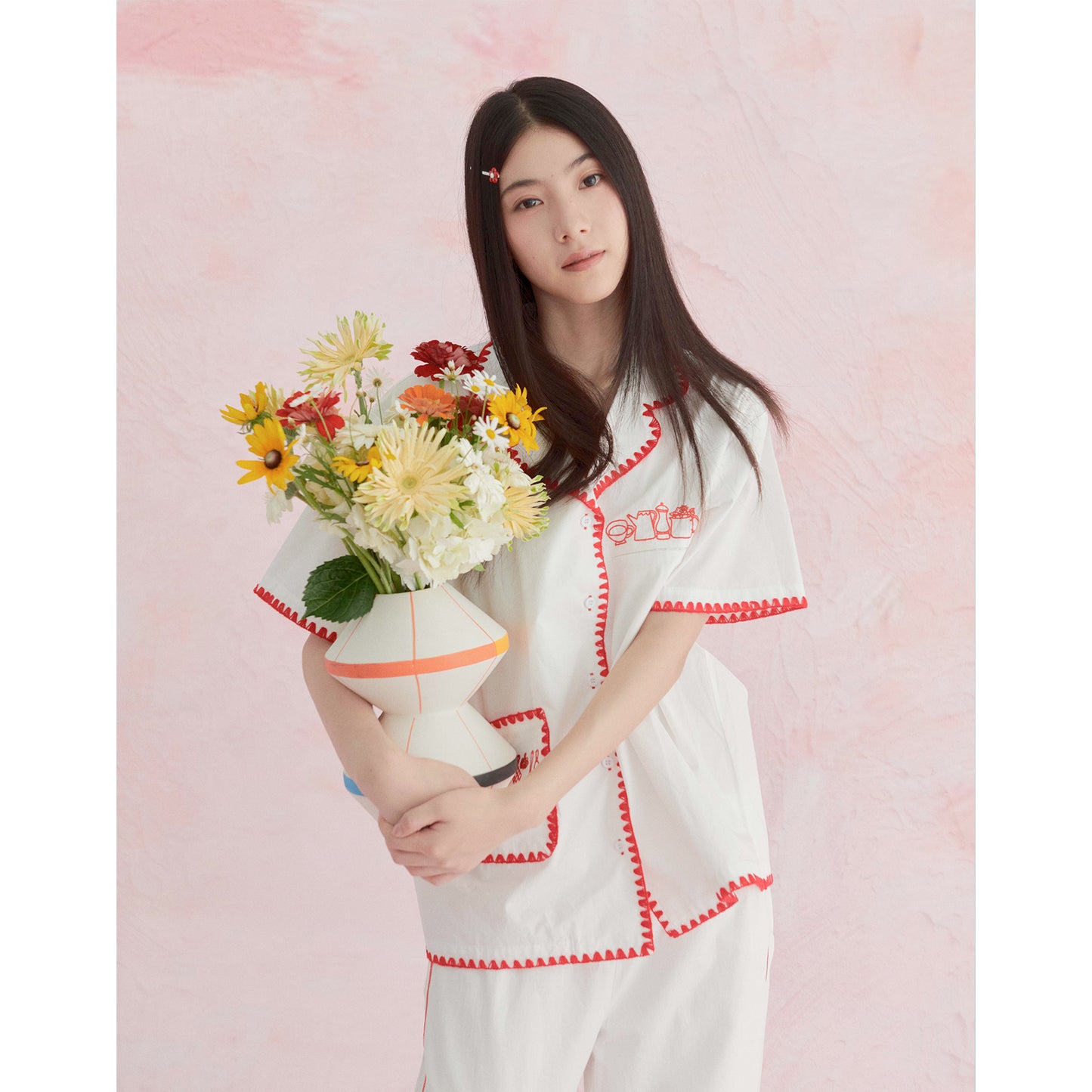 Likio x Xiaoxiao – Embroidered Plaid Cotton Pajama Set