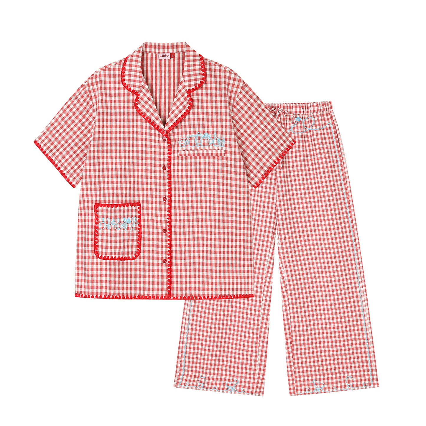 Likio x Xiaoxiao – Embroidered Plaid Cotton Pajama Set