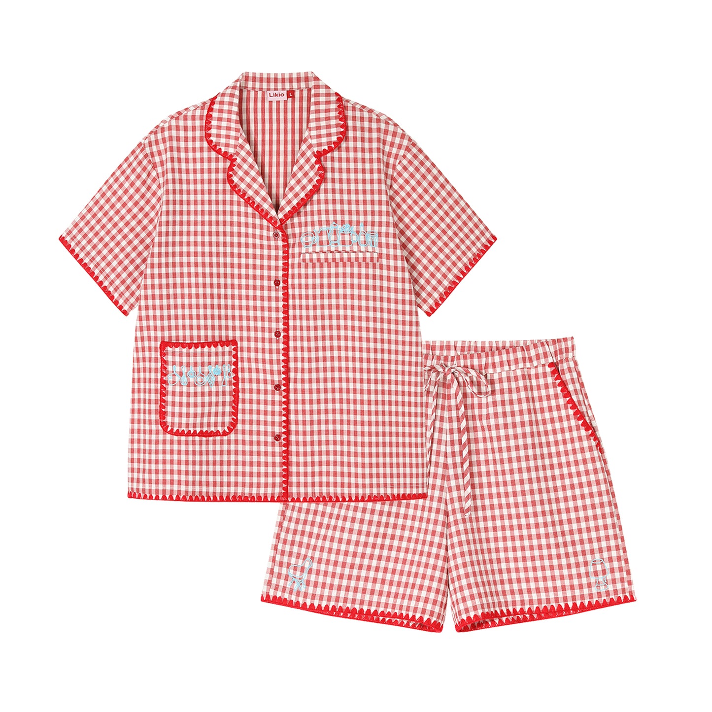 Likio x Xiaoxiao – Embroidered Plaid Cotton Pajama Set