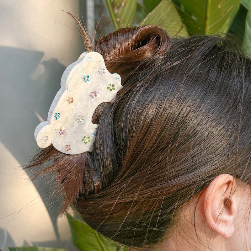 Running rabbit with diamond flower Hair Clip