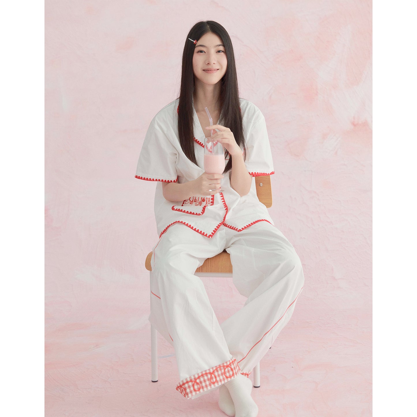 Likio x Xiaoxiao – Embroidered Plaid Cotton Pajama Set