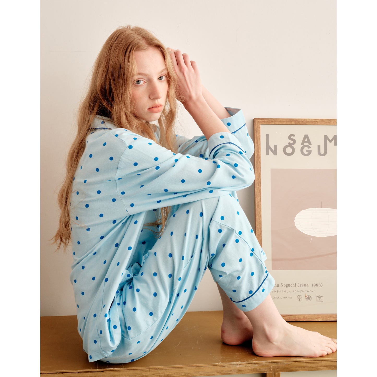 Embroidered Polka Dots Brushed Cotton Pajamas