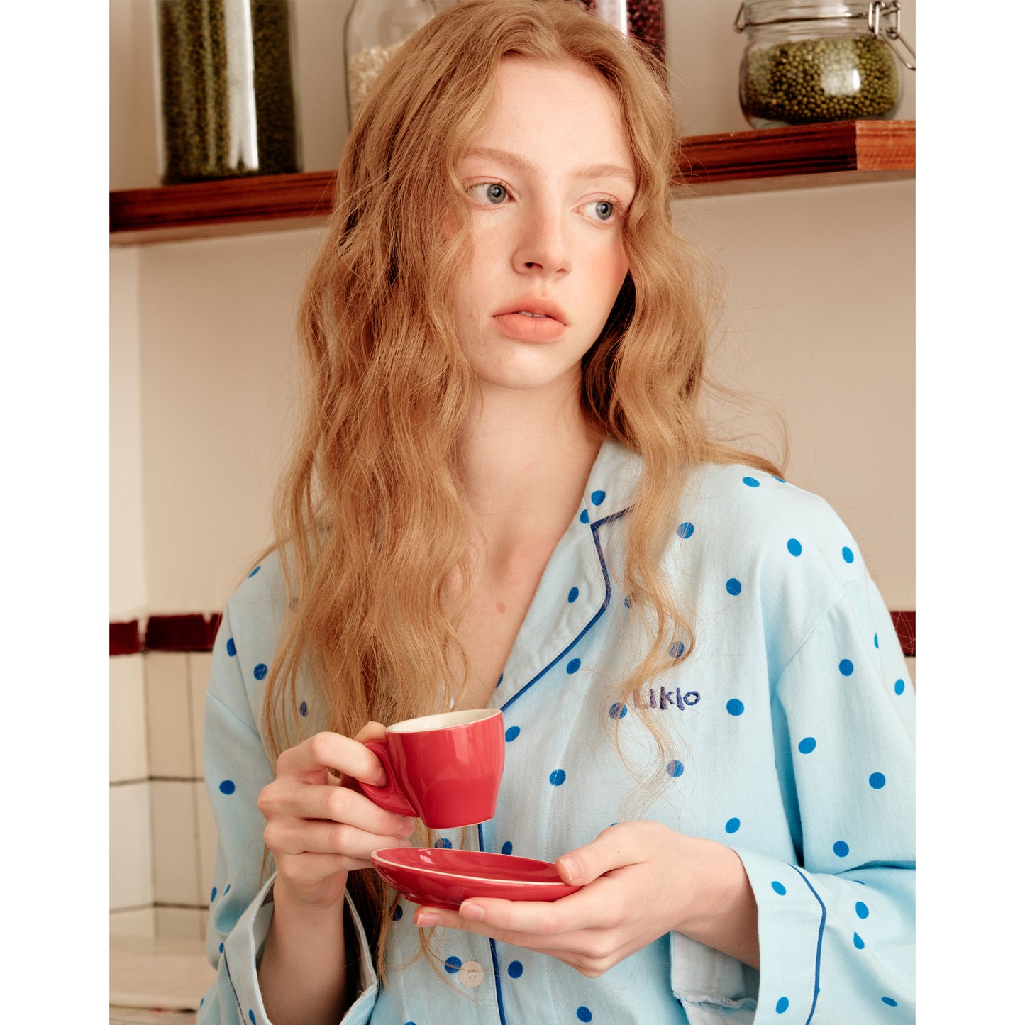 Embroidered Polka Dots Brushed Cotton Pajamas