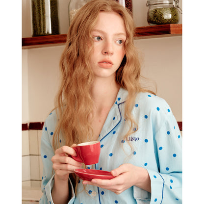 Embroidered Polka Dots Brushed Cotton Pajamas