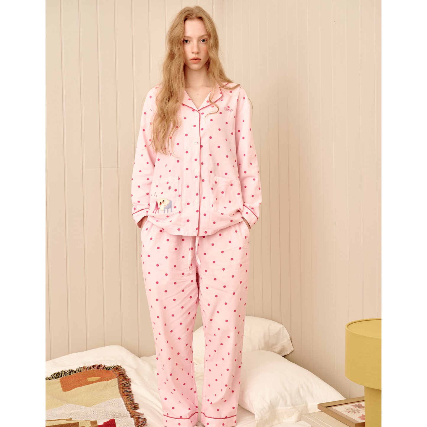 Embroidered Polka Dots Brushed Cotton Pajamas