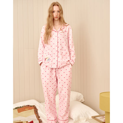 Embroidered Polka Dots Brushed Cotton Pajamas