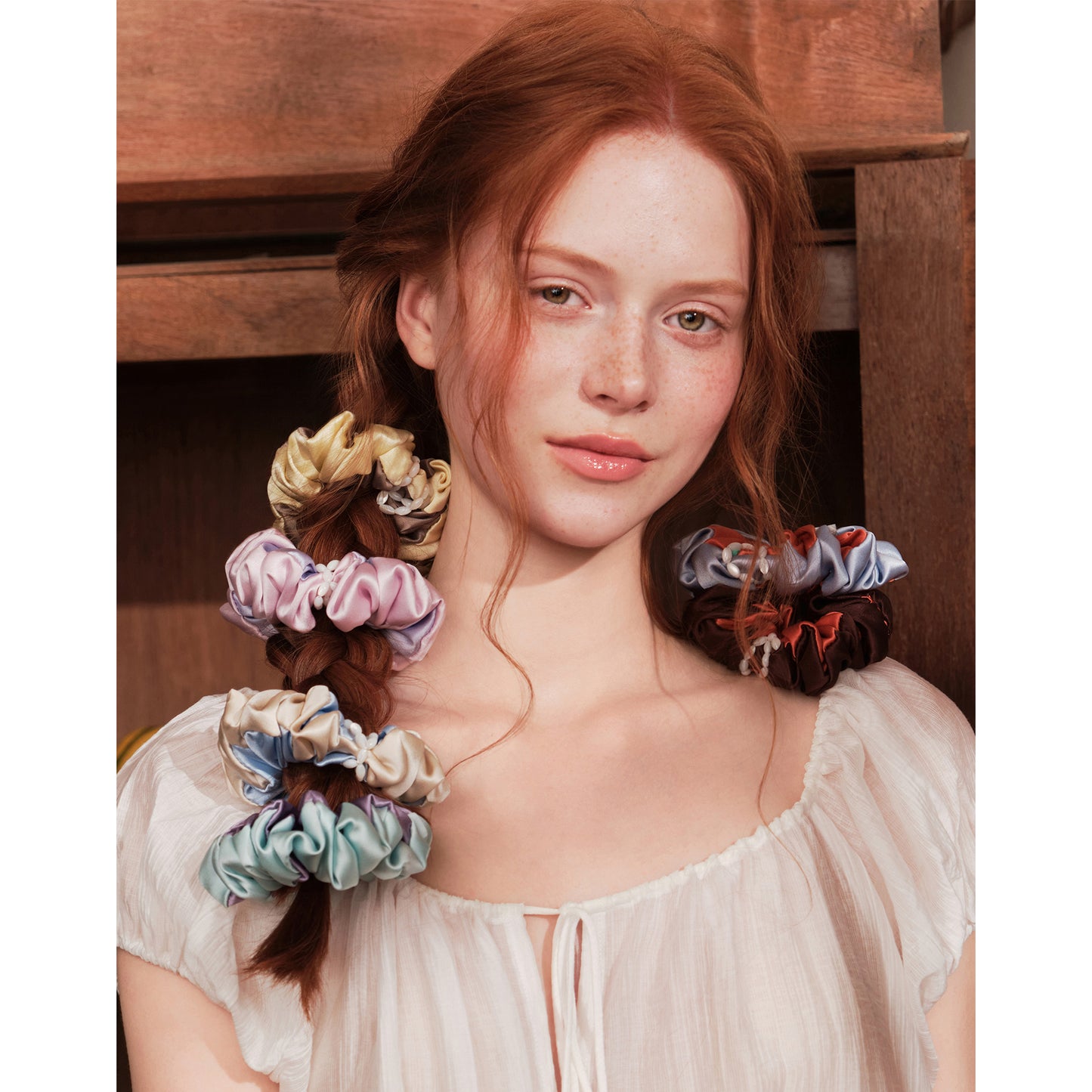 Likio Sea Dream Coral Silk Colourblock Beaded Scrunchie