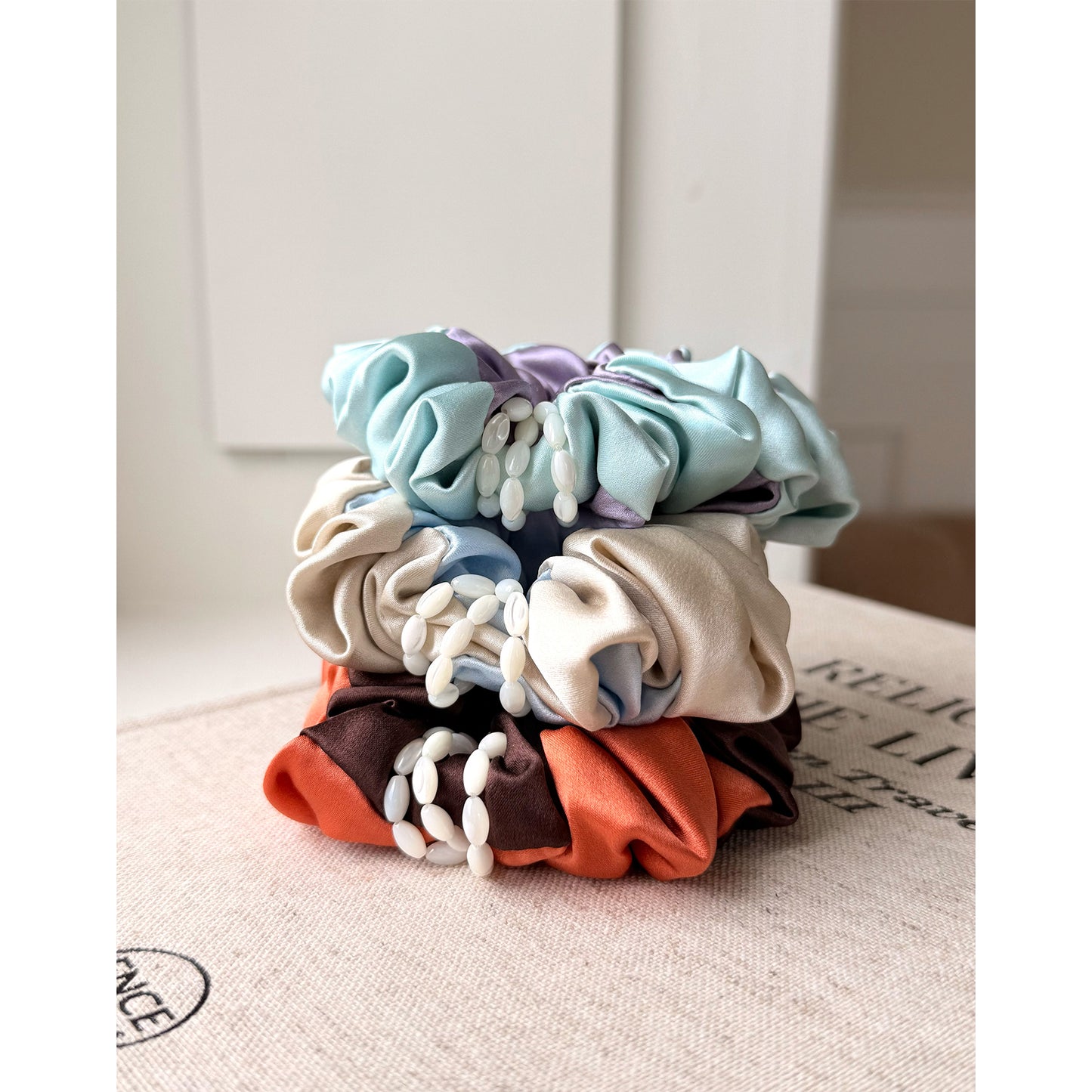 Likio Sea Dream Coral Silk Colourblock Beaded Scrunchie