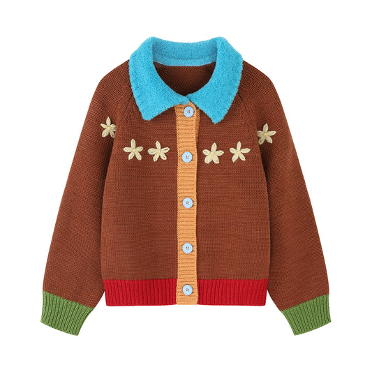 Merino Wool Snow Collar Floral Embroidered Cardigan