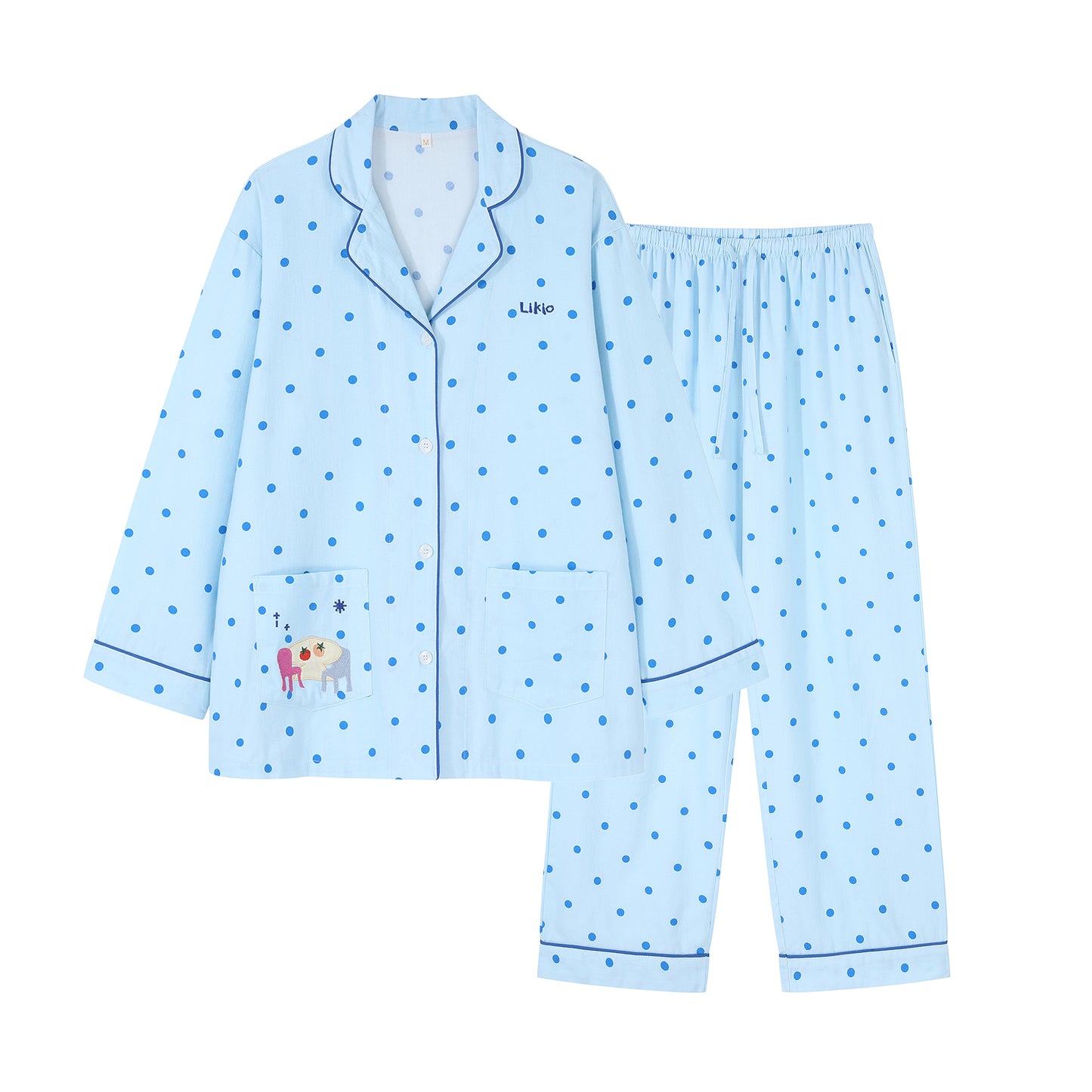 Embroidered Polka Dots Brushed Cotton Pajamas