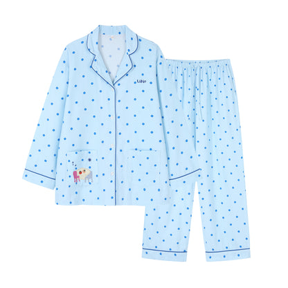Embroidered Polka Dots Brushed Cotton Pajamas