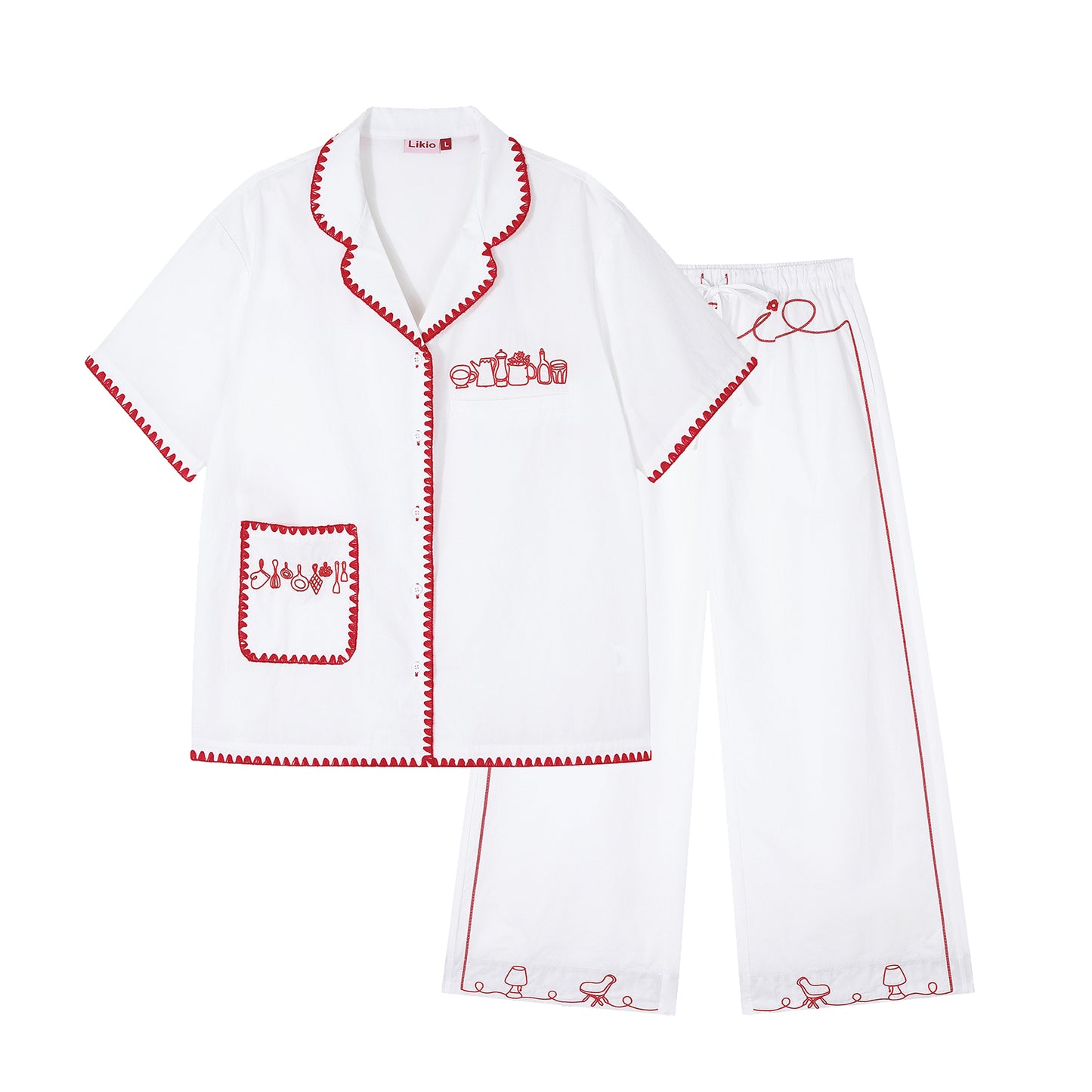 Likio x Xiaoxiao – Embroidered Plaid Cotton Pajama Set