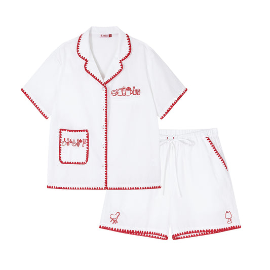Likio x Xiaoxiao – Embroidered Plaid Cotton Pajama Set
