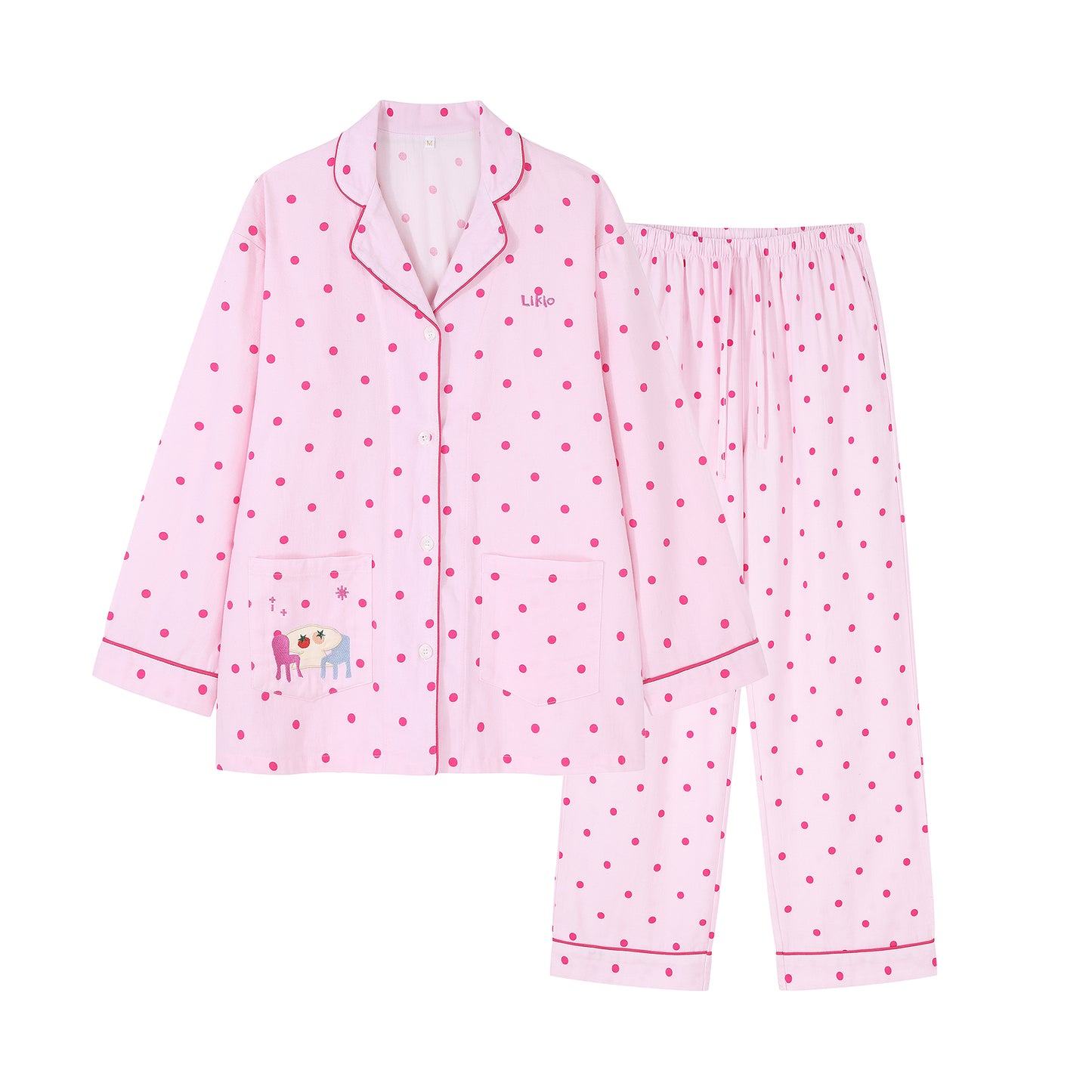 Embroidered Polka Dots Brushed Cotton Pajamas