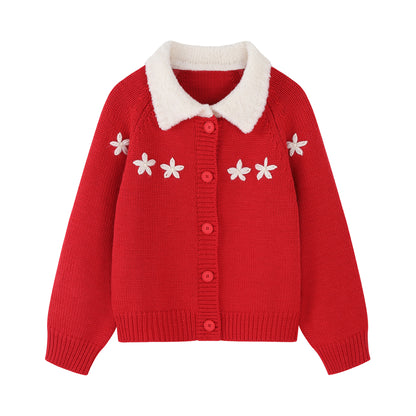 Merino Wool Snow Collar Floral Embroidered Cardigan